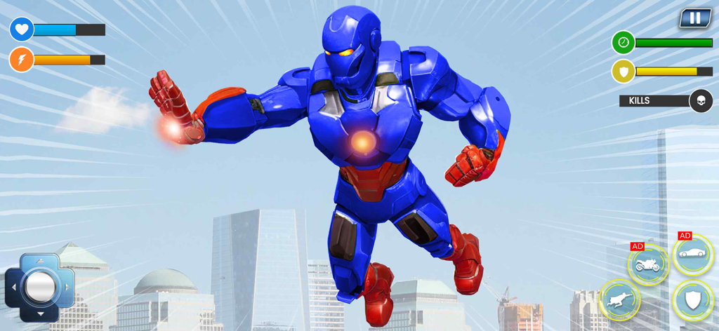 Un robot superhéroe azul y rojo volando sobre una ciudad en el Juego de Robot Capitán Superhéroe.