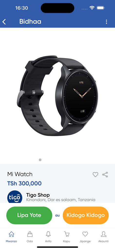 Product listing for a Mi Watch on the Tunzaa app featuring options to pay in full or in installments