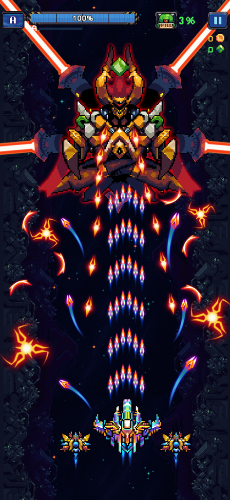 Retro pixel art boss battle in Falcon Squad Space Arcade game