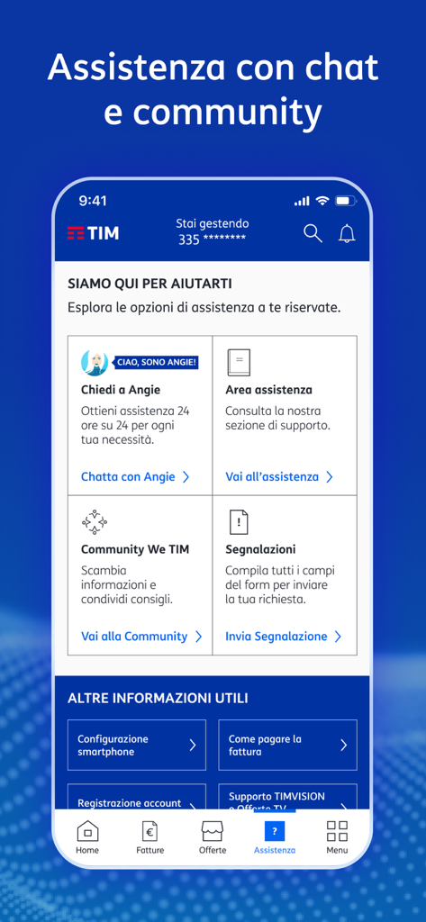 MyTIM app support interface showing chat with Angie and community help options