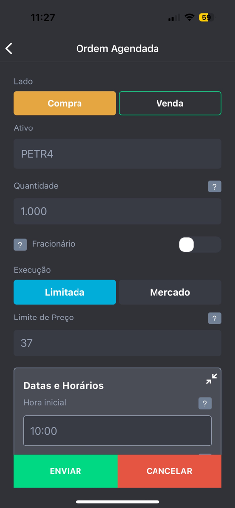 PNT Mobile - Interface for scheduling a buy order in the PNT Mobile trading app