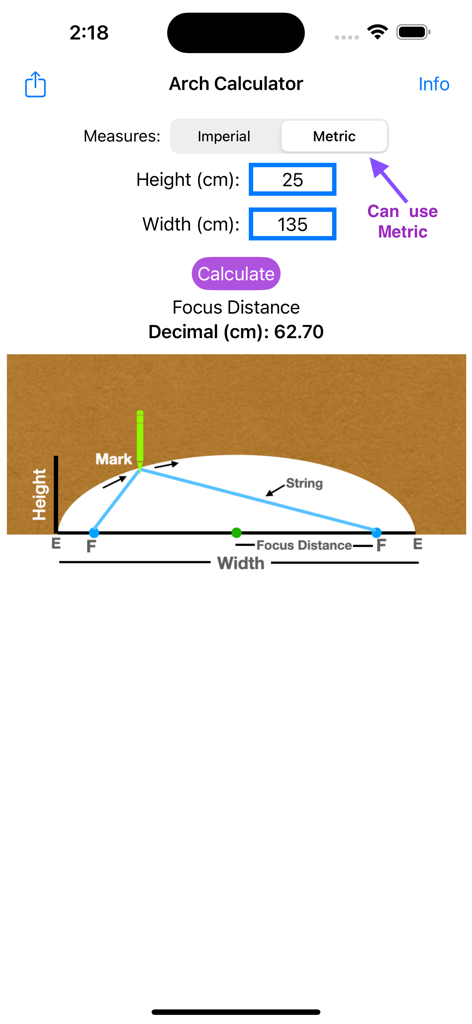 Arch Layout Calculator - Arch Layout Calculator interface showing metric measurement inputs and an elliptical diagram for carpentry