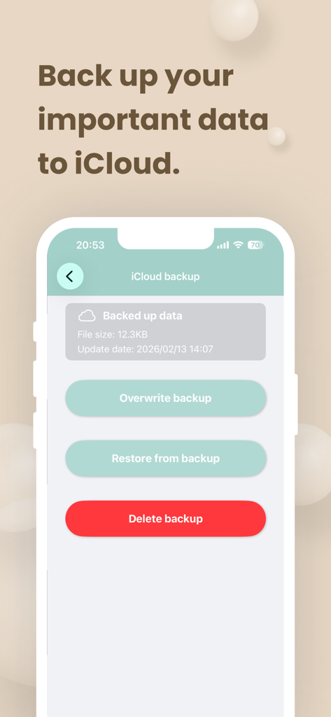 Widgets Sticky Note - Interface of Widgets Sticky Note app showing options for iCloud backup and data restoration