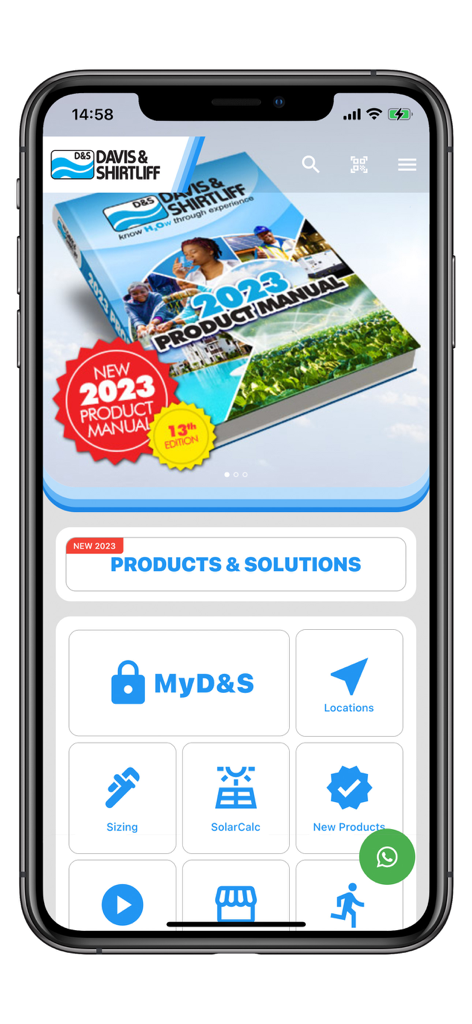Home screen of the DS FLO mobile app showing the Davis and Shirtliff product manual and engineering tools