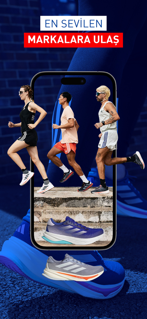 Intersport mobile app showing people running and popular athletic footwear.
