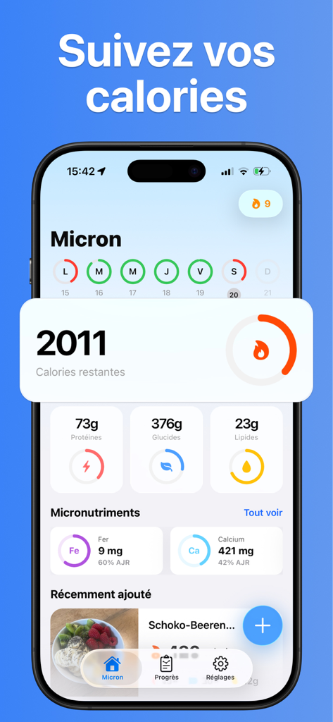 Micron – Calories & Nutrients - Dashboard of Micron app showing daily calorie count and breakdown of macronutrients and micronutrients