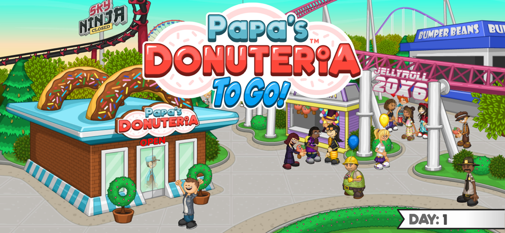 Title screen of Papa's Donuteria To Go featuring the donut shop in a bustling amusement park with various characters and roller coasters.