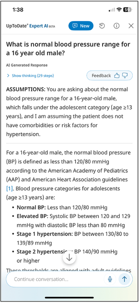 UpToDate Expert AI interface showing a conversational clinical response about blood pressure ranges for a sixteen year old male based on medical guidelines