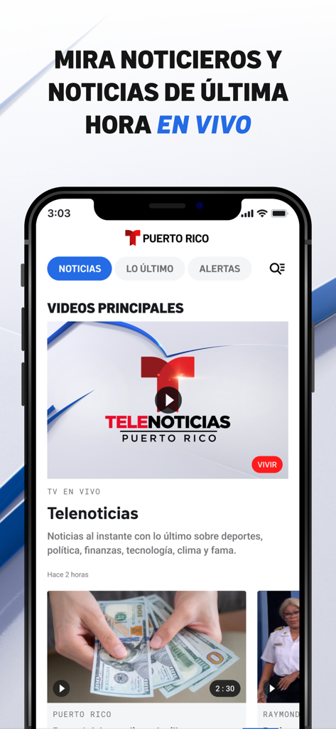 Pantalla de la app Telemundo Puerto Rico mostrando videos de noticias en vivo y las últimas alertas