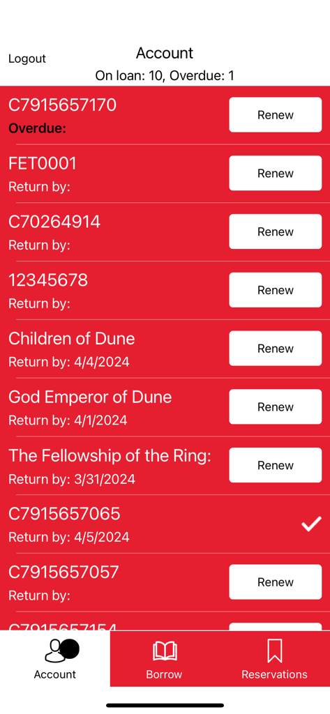 Pantalla de cuenta de la aplicación de la Biblioteca de la Universidad de Griffith que muestra una lista de libros prestados con opciones de renovación