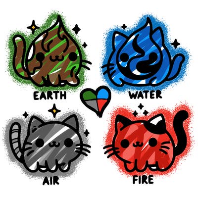 4 cats that represent the different elements, earth, water, air, and fire