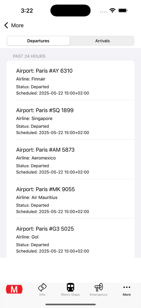 Lyon Subway Map - Écran des départs de vols de l'application Lyon Subway Map montrant le statut et les horaires des vols pour l'aéroport LYS