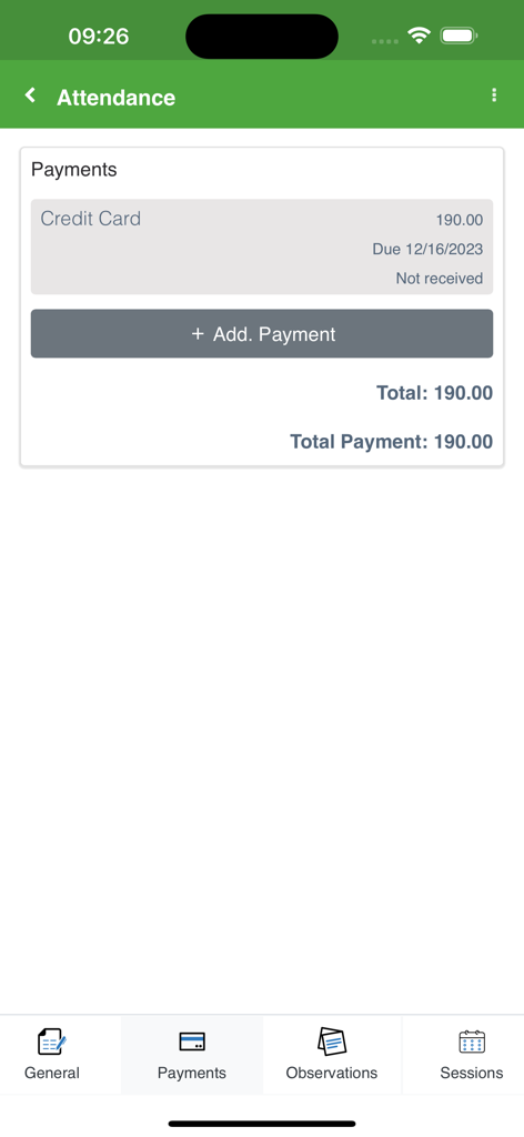 Tela do aplicativo móvel mostrando a seção de pagamento de serviços de salão de beleza com uma entrada de transação de cartão de crédito.