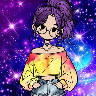 girl with a messy ponytail glasses a baggy crop top and jean shorts