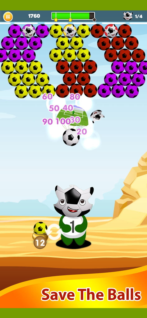 색깔 있는 축구공을 맞춰 레벨을 클리어하는 축구 테마 버블 슈터 게임 플레이.