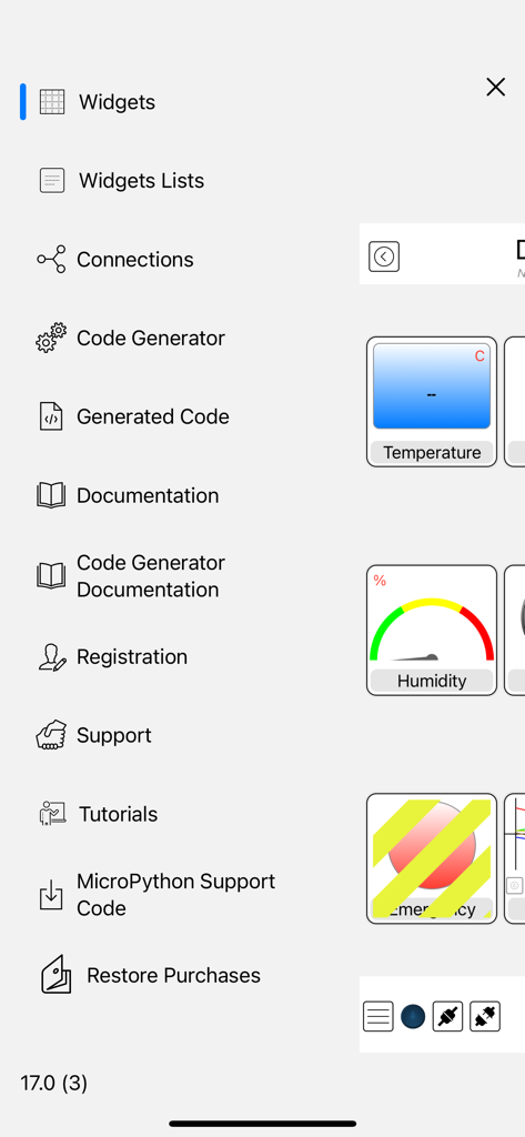 Arduino Manager - Arduino Managerアプリのサイドメニュー。コード生成とウィジェット構成オプションが含まれています。