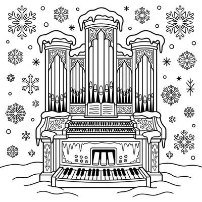 Let your little artist explore the beauty of music and winter with this charming pipe organ coloring page. Adorned with snow and snowflakes, it's perfect for a cozy creative session.