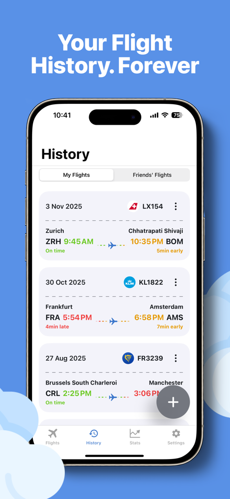 OnlyFlights - Flight Tracker - 過去のフライトの詳細、航空会社、出発時刻、到着ステータスを含む時系列リストを表示するモバイルアプリ画面