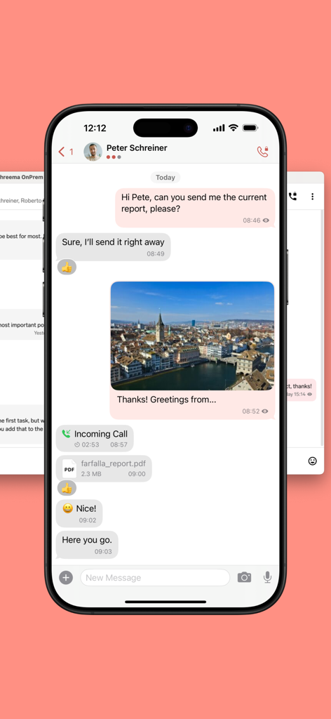 Interface de discussion sécurisée Threema OnPrem affichant les messages et les fichiers partagés sur un iPhone