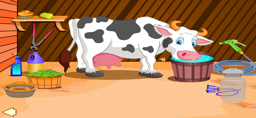 Help cow - Cartoon cow drinking water in a barn with various animal care tools