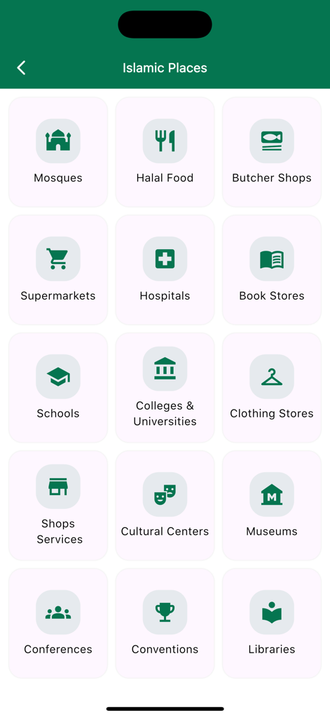 Tawhid: Prayer, Quran, Ramadan - Interface of the Tawhid app showing categories to find nearby mosques halal food and other islamic services