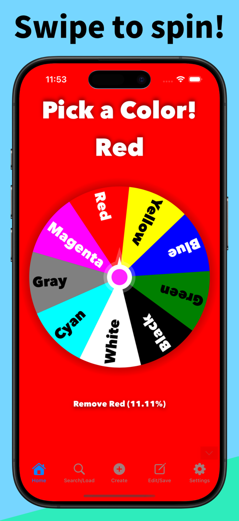 Unfair Wheel app interface showing a colorful decision wheel landing on Red
