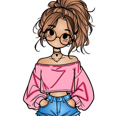 girl with a messy ponytail glasses a baggy crop top and jean shorts