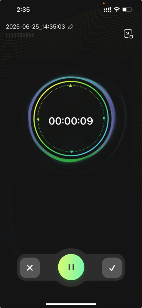 RecCloud VoiceCap mobile app recording interface with a digital timer and control buttons