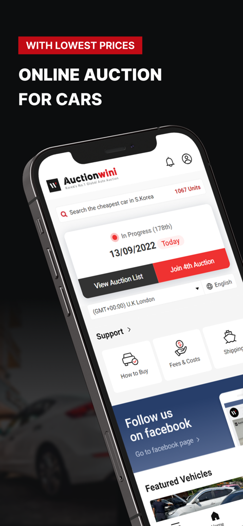 Auctionwini mobile app interface for online car auctions from South Korea