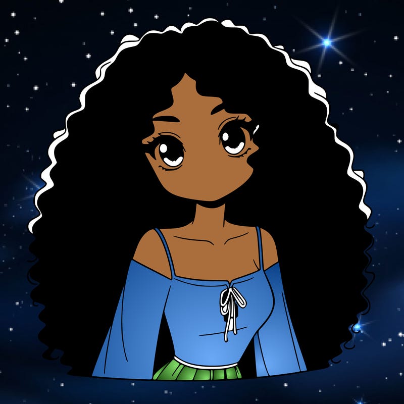 a black anime girl with long afro hair