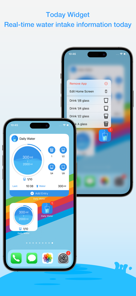 Daily Water Pro - Daily Water Pro app showing Today Widget and 3D Touch quick entry menu on an iPhone home screen.