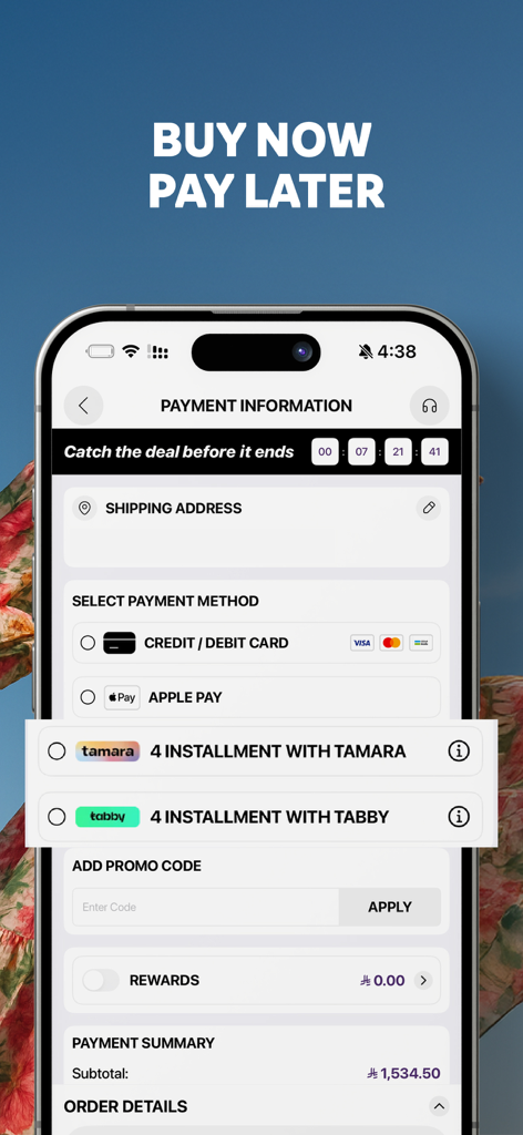 Jazi | جازي - Pantalla de pago de la app Jazi mostrando múltiples métodos de pago seguros y opciones de pago a plazos 'compra ahora, paga después'.