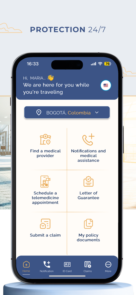 VUMI Travel VIP app home screen showing travel insurance and medical assistance options