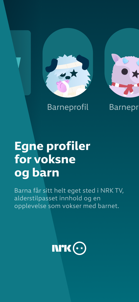 NRK TV - NRK TV app screen showing separate user profiles for adults and children with colorful cartoon avatars.