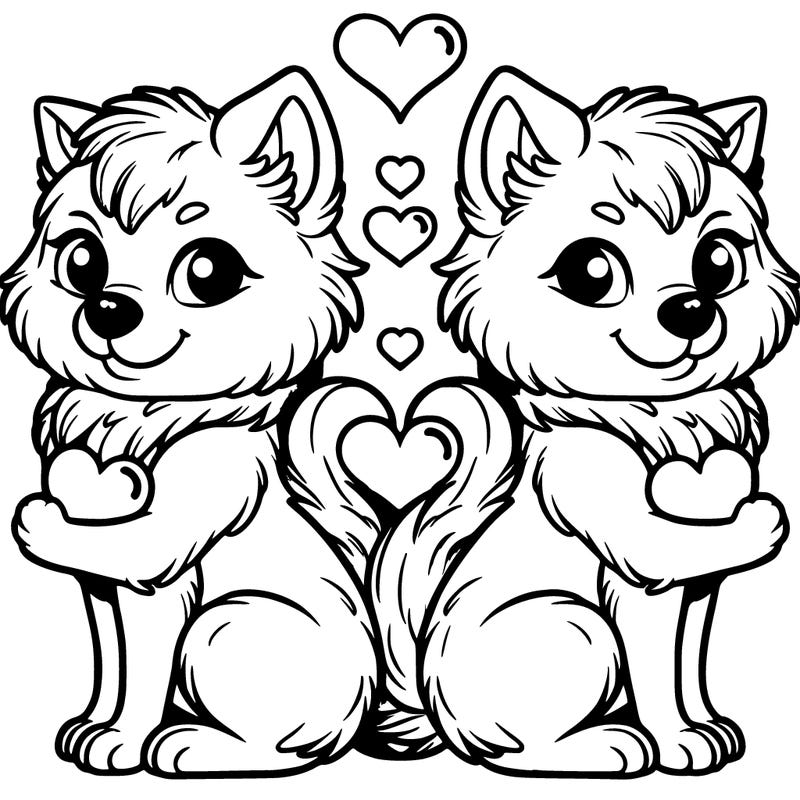 2 wolves back to back with hearts