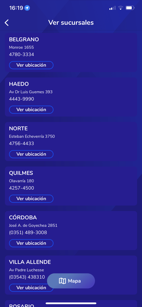 List of Showcase Cinema branch locations with addresses and phone numbers in the mobile app