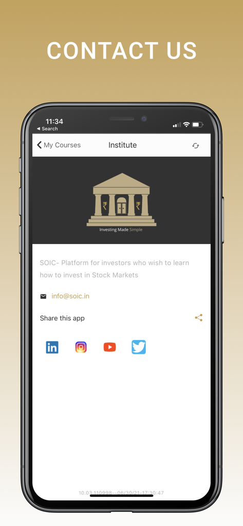 SOIC - Pantalla de Contacto de la aplicación SOIC con correo electrónico de soporte y enlaces a redes sociales para LinkedIn, Instagram, YouTube y Twitter