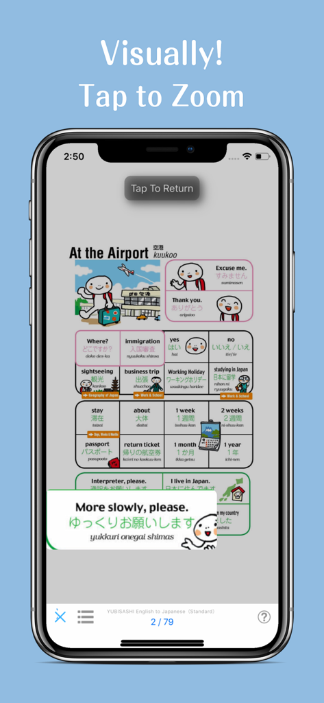 Mobile interface of the Yubisashi travel app showing a zoomed-in Japanese phrase for airport communication with helpful illustrations