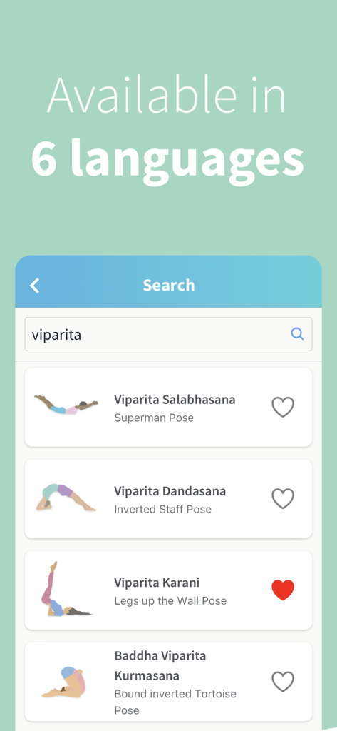 Hey Asana - Hey Asana app interface showing a search results list for yoga poses with Sanskrit names and illustrations
