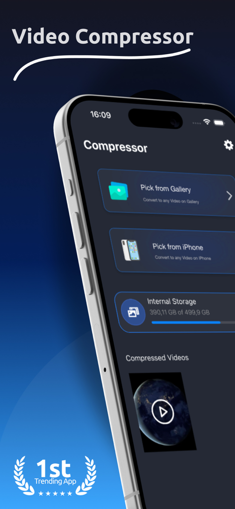 Video Compressor: 4K Compress - Interface principale de l'application Compresseur Vidéo 4K Compress sur un iPhone montrant les options pour choisir des vidéos et vérifier le stockage interne.