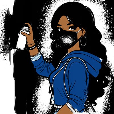 realistic girl with mask spray painting a wall