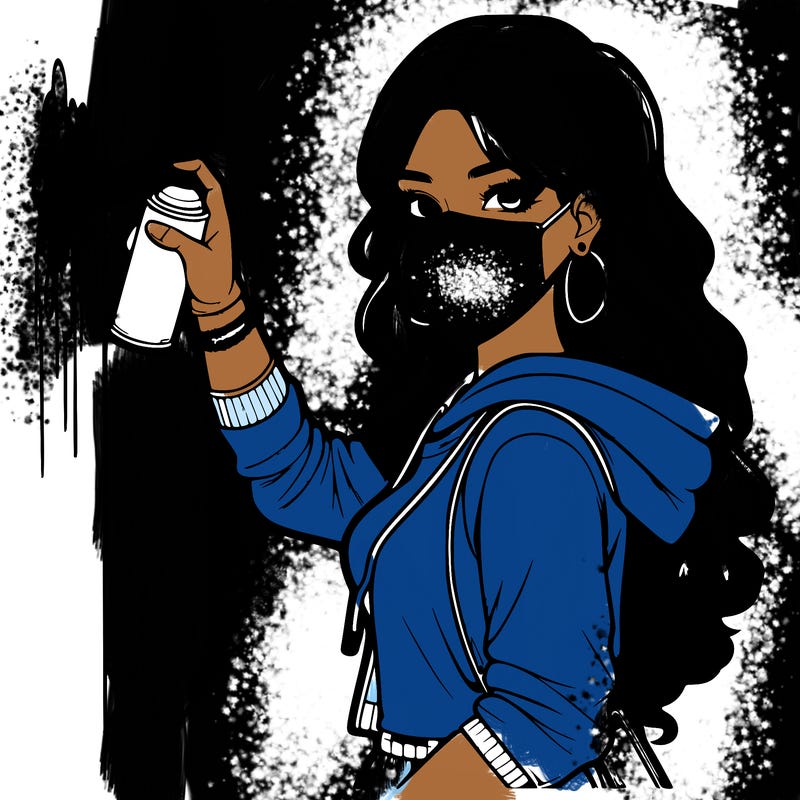 realistic girl with mask spray painting a wall