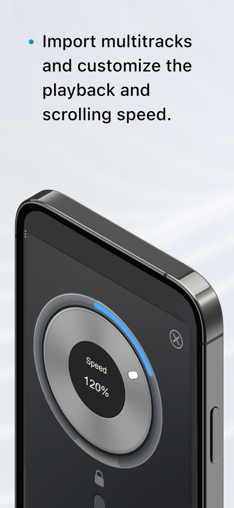 Songs - The App For Musicians - Ein Smartphone-Bildschirm zeigt ein Rad zur Anpassung der Musikwiedergabe- und Scroll-Geschwindigkeit an.