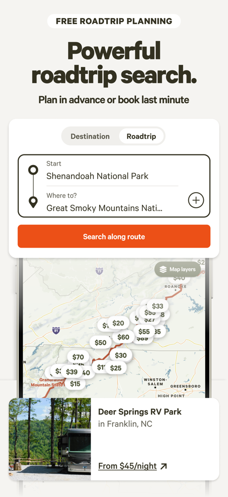 Hipcamp mobile app road trip planning tool showing a route map with campsite price pins