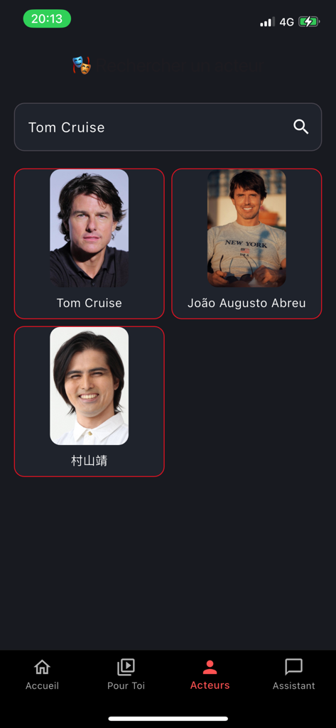 TV Shows & Movies - Una captura de pantalla de la aplicación CineMate que muestra la función de búsqueda de actores con resultados para Tom Cruise