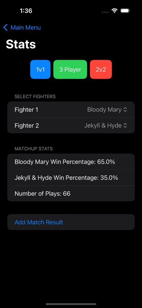Unmatched Matcher - Unmatched Matcher app screen showing win percentages and match statistics for a fight between Bloody Mary and Jekyll and Hyde