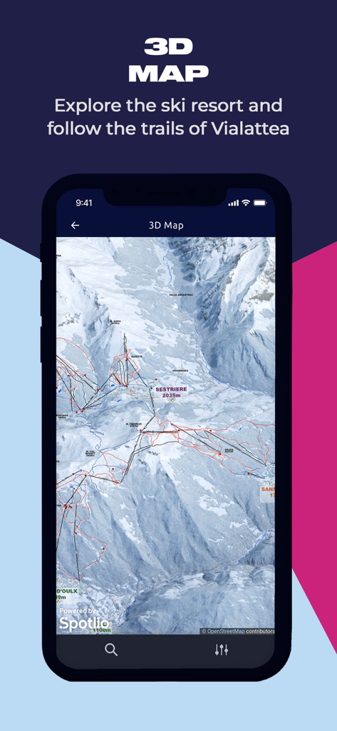 Vialattea Ski - Vialattea Ski app 3D interactive map showing mountain trails and resort terrain