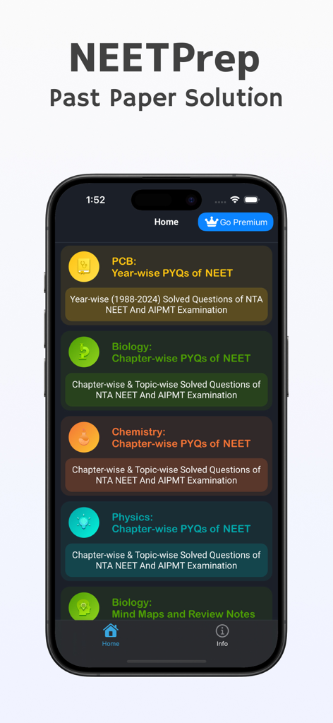 NEET: Past Solved Papers - Home screen of NEET Prep app showing year-wise and chapter-wise solved questions for medical entrance exams.