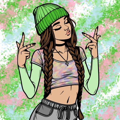 realistic teenage girl with braids and a beanie and crop top doing 🫶🏼
