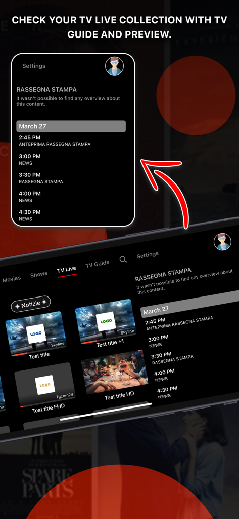 Interfaz de la aplicación móvil IPTVX mostrando una colección de TV en vivo con una guía electrónica de programación integrada y vistas previas de canales